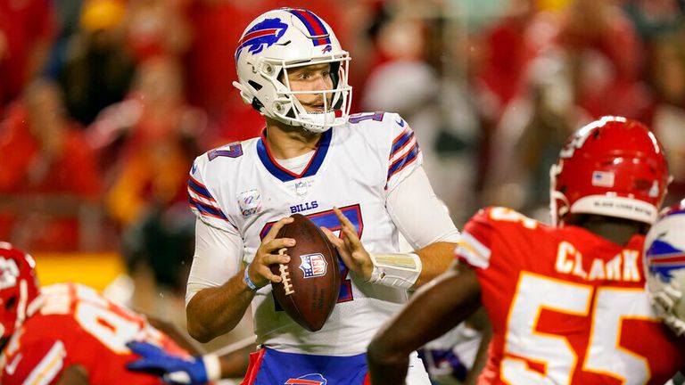 Buffalo Bills quarterback Josh Allen throws during the second half of an NFL football game against the Kansas City Chiefs Sunday, Oct. 10, 2021, in Kansas City, Mo. (AP Photo/Charlie Riedel)