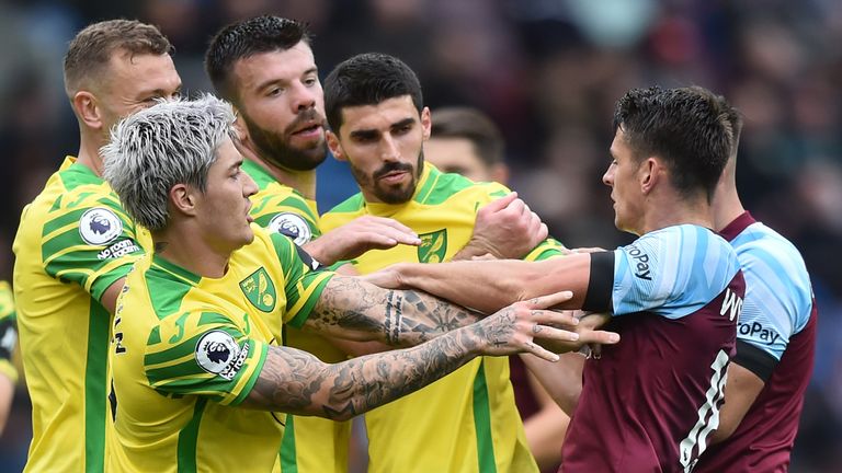 Norwich and Burnley players clash at Turf Moor