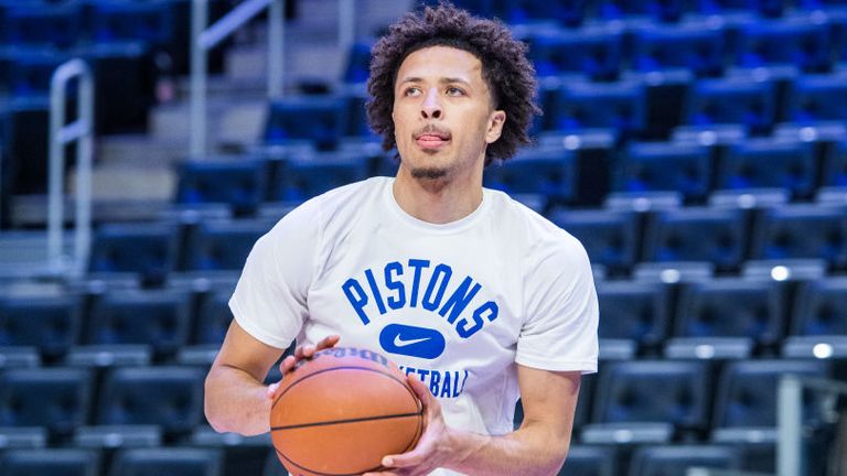 Cade Cunningham of the Detroit Pistons shoots the ball during open practice at the Little Caesars Arena