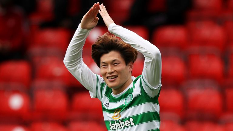 Kyogo Furuhashi celebrates after scoring to put Celtic 1-0 ahead