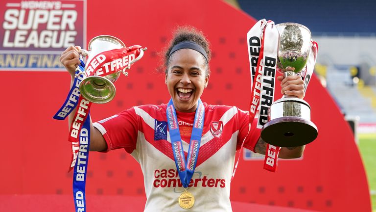 St Helens' Chantelle Crowl celebrates with her player of the match award and the trophy following the Betfred Women's Super League Grand Final at Emerald Headingley Stadium, Leeds Picture date: Sunday October 10, 2021.