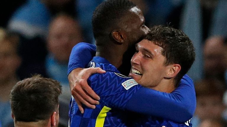 Andreas Christensen is mobbed by team-mates after opening the scoring for Chelsea