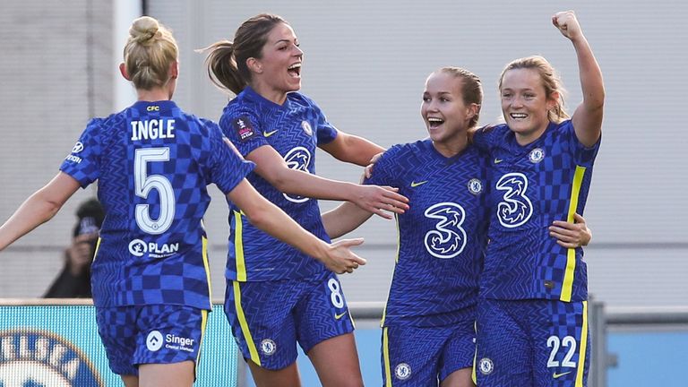 Chelsea celebrate a goal against Man City in Women&#39;s FA Cup semi-finals