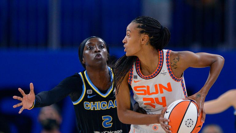 Chicago Sky&#39;s Kahleah Copper (2) guards Connecticut Sun&#39;s DeWanna Bonner (24) during the second half of Game 3 of a WNBA semifinal playoff basketball game Sunday, Oct. 3, 2021, in Chicago. Chicago won 86-83. (AP Photo/Paul Beaty)
