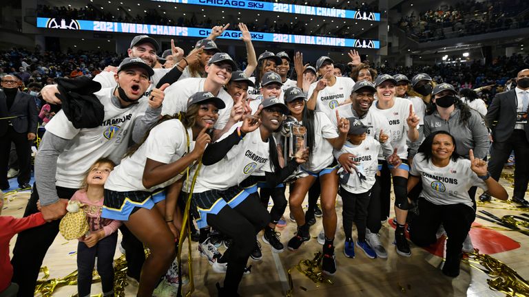 Members of the Chicago Sky pose for a photo after becoming the 2021 WNBA champions