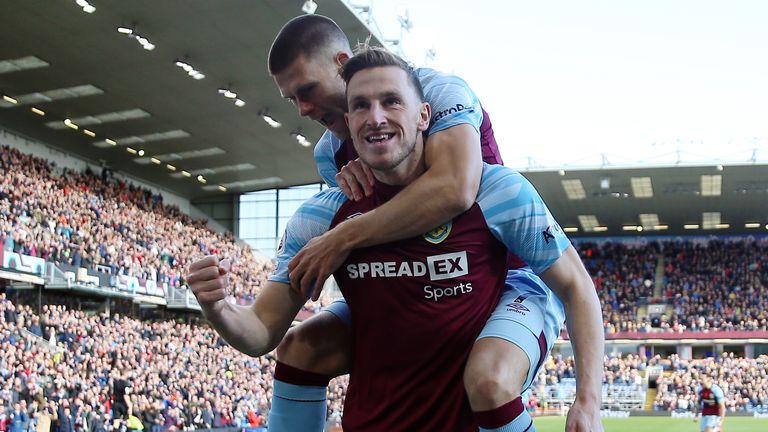 Burnley's Chris Wood celebrates scoring their side's first goal of the gam