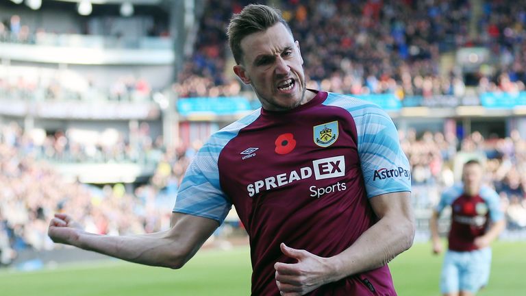 Burnley&#39;s Chris Wood celebrates scoring their side&#39;s first goal of the game