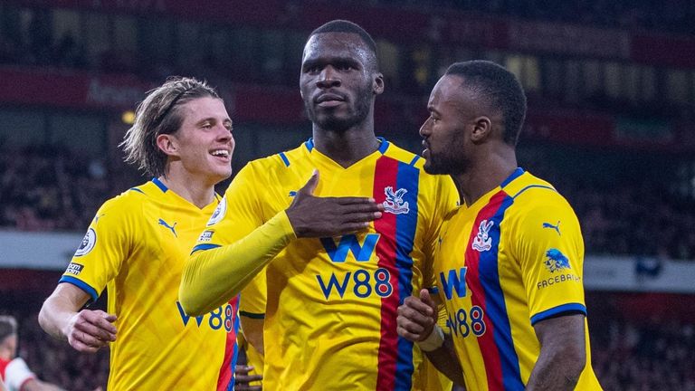 Christian Benteke celebrates scoring Crystal Palace's first goal against Arsenal