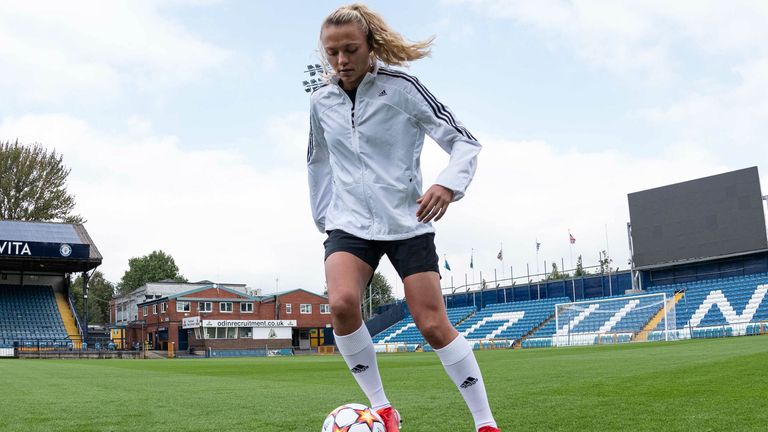 Everton Women&#39;s Claire Emslie wears the adidas X Speedflow