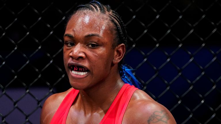 HOLLYWOOD, FL - OCTOBER 27:  Claressa Shields v Abigail Montes in a lightweight bout during the PFL championships at the Seminole Hard Rock Hotel & Casino on October 27, 2021 in Hollywood, Florida. (Cooper Neill / PFL)