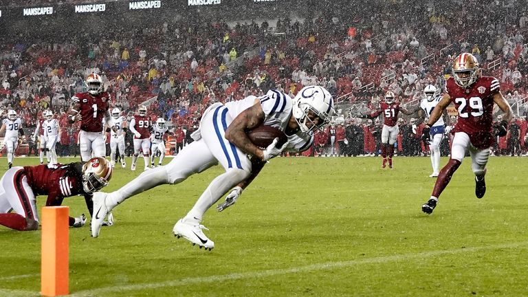 Indianapolis Colts wide receiver Michael Pittman Jr. runs toward the end zone on his touchdown reception against the San Francisco 49ers