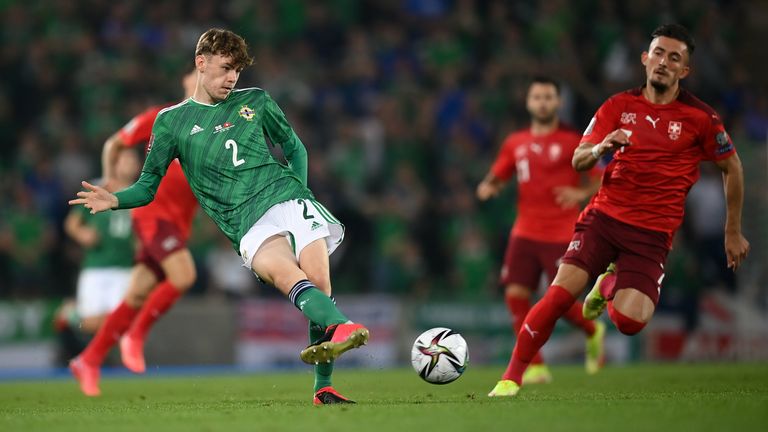 Conor Bradley of Northern Ireland during the FIFA World Cup 2022 qualifying group C match between Northern Ireland and Switzerland at National Football Stadium at Windsor Park in Belfast