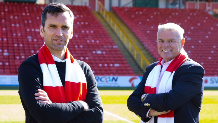 ABERDEEN, SCOTLAND - APRIL 15: Stephen Glass (L) and chairman Dave Cormack are pictured as Glass is unveiled as the new Aberdeen manager at Pittodrie Stadium on April 15, 2021, in Aberdeen, Scotland.  (Photo by Alan Harvey / SNS Group)
