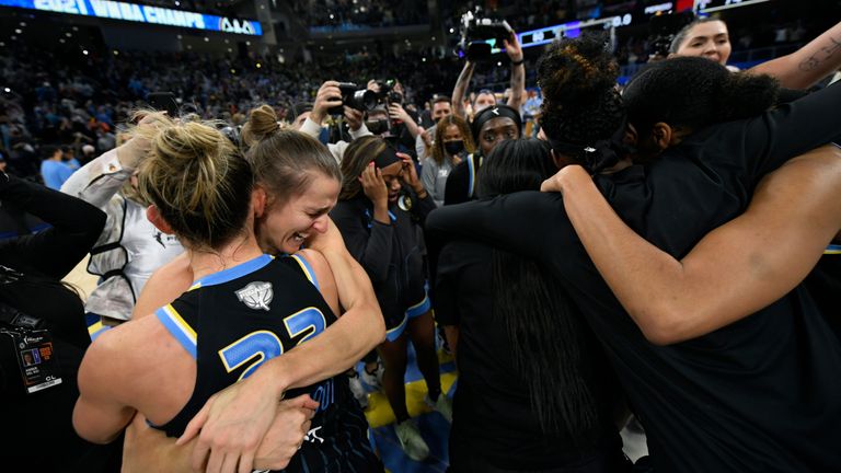 Chicago Sky&#39;s Courtney Vandersloot and Allie Quigley celebrate with team-mates soon after the buzzer