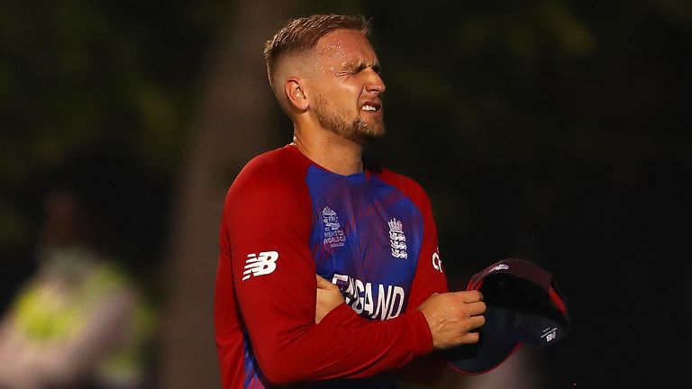 England's Liam Livingstone was forced off with a finger injury during their T20 World Cup warm-up match against India in Dubai