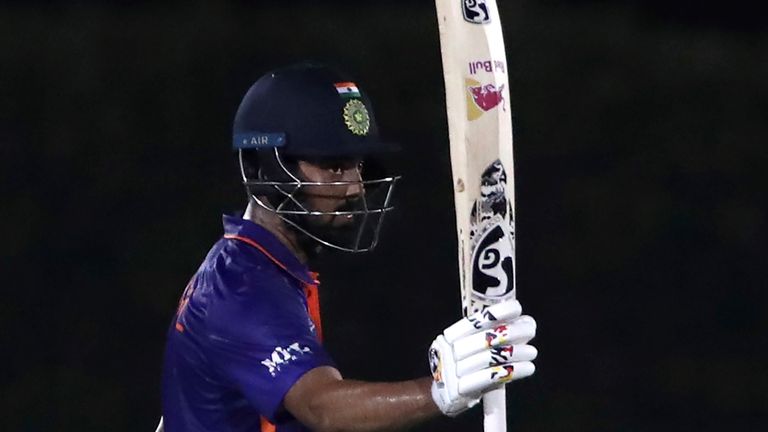 India's KL Rahul raises his bat after a quickfire 50 in the T20 World Cup warm-up match against England (Associated Press)