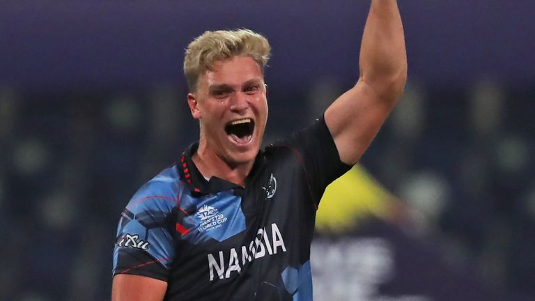 Namibia's Ruben Trumpelmann demolished Scotland's top order with three wickets in four balls at the start of the match