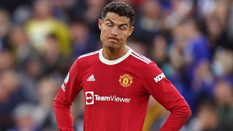 Cristiano Ronaldo stands dejected after Leicester&#39;s fourth goal