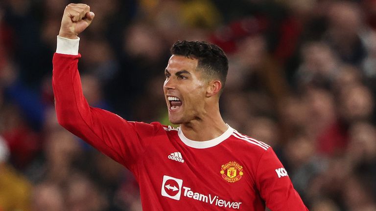 Cristiano Ronaldo of Manchester United celebrates after scoring a goal to make it 3-2 during the UEFA Champions League group F match between Manchester United and Atalanta at Old Trafford on October 20, 2021 in Manchester, United Kingdom.