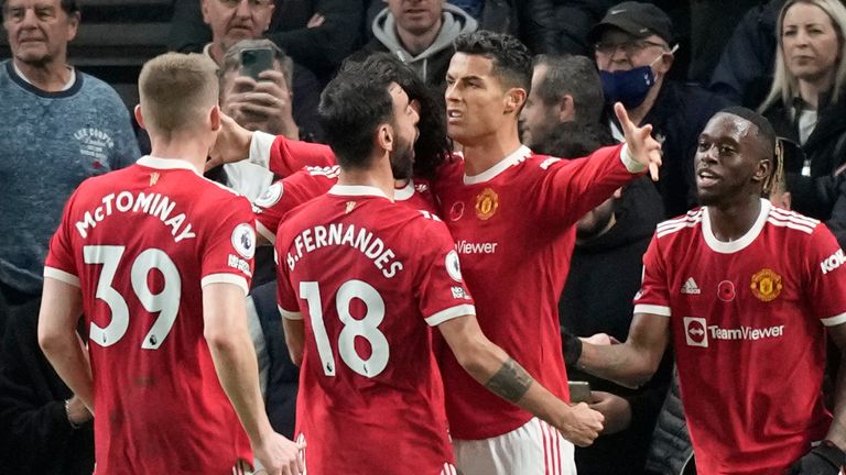 Cristiano Ronaldo celebrates after volleying Man United in front