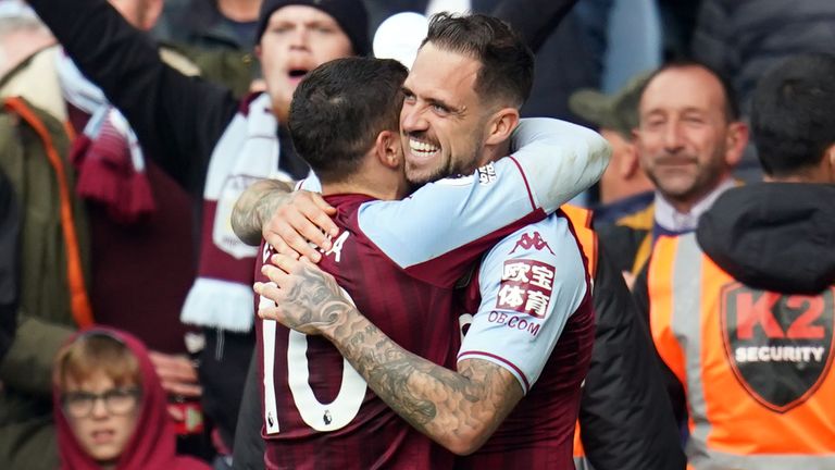 Danny Ings embraces Emi Buendia after giving Aston Villa the lead