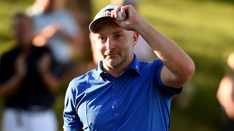 David Skinns of England reacts after winning during the final round of the Pinnacle Bank Championship at The Club at Indian Creek on August 15, 2021 in Omaha, 