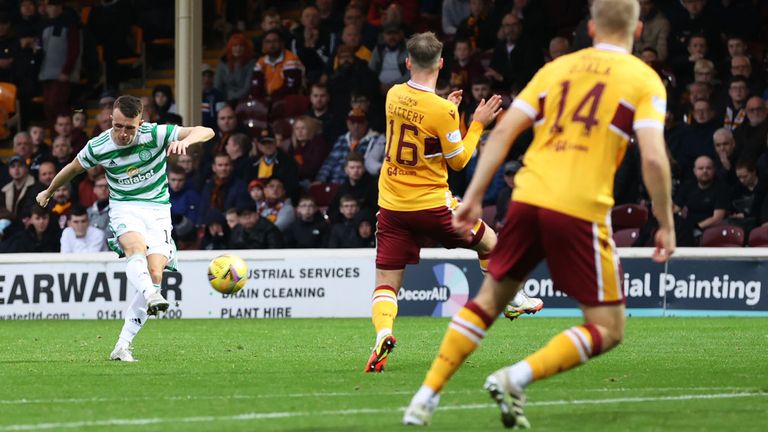MOTHERWELL, SCOTLAND - OCTOBER 16: ...Celtic...s David Turnbull  scores to make it 2-0 .during a cinch Premiership match between Motherwell and Celtic at Fir Park, on October 16, 2021, in Motherwell, Scotland. (Photo by Craig Williamson / SNS Group)