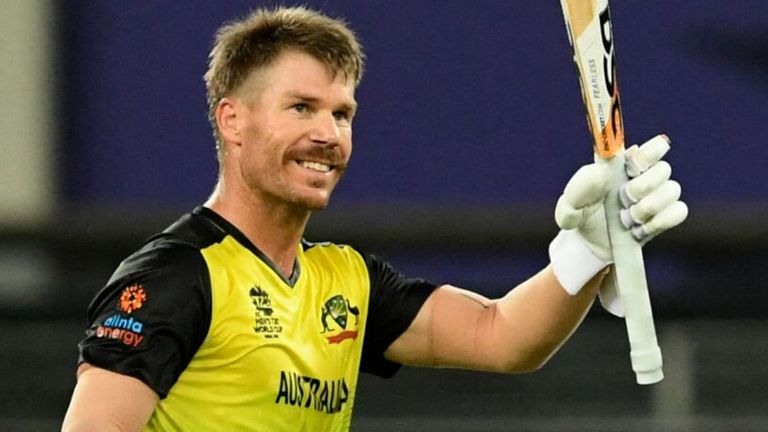 Australia's David Warner celebrates scoring a 31-ball fifty against Sri Lanka in the Super 12 stage of the T20 World Cup