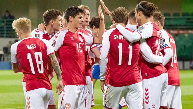 Denmark's Andreas Skov Olsen celebrates after scoring his side's first goal