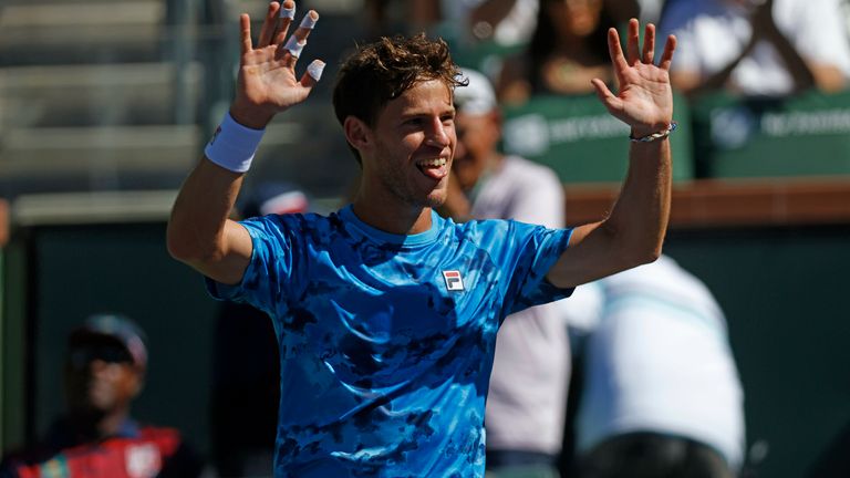 Diego Schwartzman (ARG) celebrates winning his match against Casper Ruud (NOR) during the 2021 BNP Paribas Open at Indian Wells Tennis Garden in Indian Wells, California.