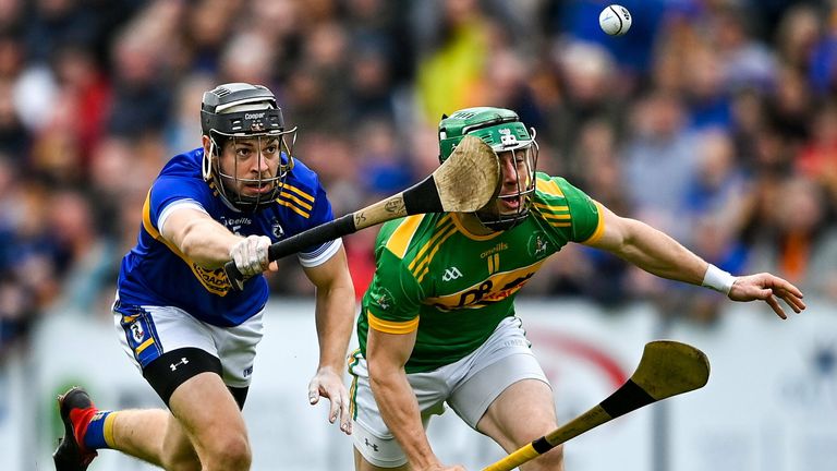 10 October 2021; Kevin Molloy of Dunloy in action against Stephen Shannon of O'Donovan Rossa during the Antrim County Senior Club Hurling Championship Final match between Dunloy and O'Donovan Rossa at Corrigan Park in Belfast. Photo by Ramsey Cardy/Sportsfile
