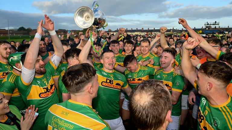 10 October 2021; Dunloy players celebrate after the Antrim County Senior Club Hurling Championship Final match between Dunloy and O'Donovan Rossa at Corrigan Park in Belfast. Photo by Ramsey Cardy/Sportsfile