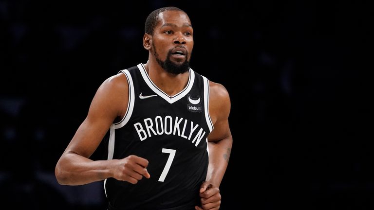 Brooklyn Nets forward Kevin Durant runs the court during the first half of an NBA basketball game against the Charlotte Hornets, Sunday, Oct. 24, 2021, in New York. 