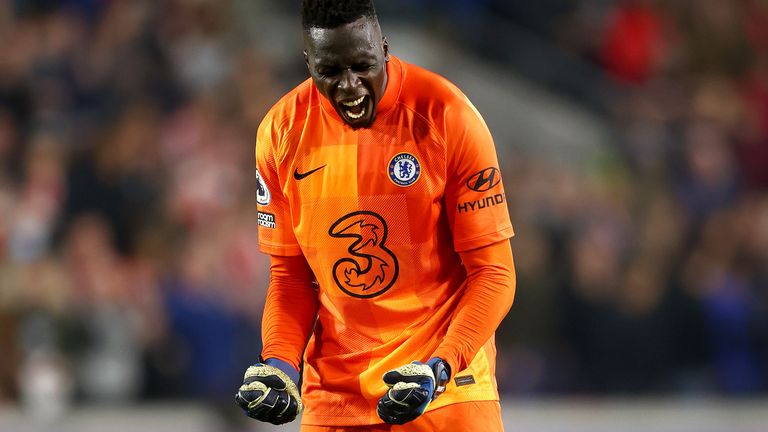 Edouard Mendy celebrates after his man-of-the-match display helped Chelsea to a 1-0 win over Brentford.