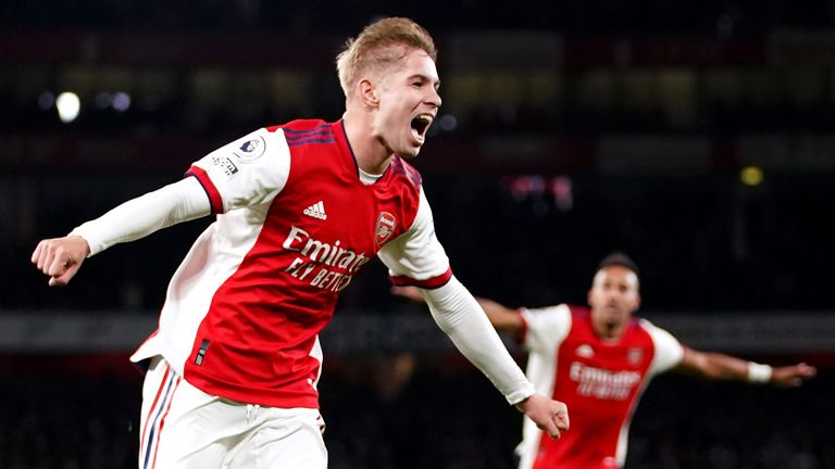 Arsenal's Emile Smith Rowe celebrates scoring against Aston Villa