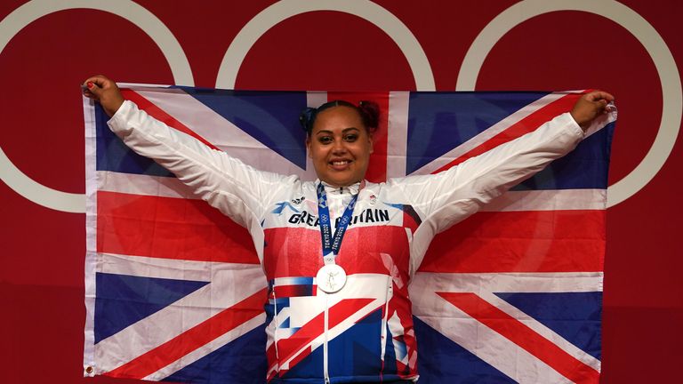 Emily Campbell on the podium with silver in the Women's +87kg Group A Weightlifting at Tokyo international Forum on the tenth day of the Tokyo 2020 Olympic Games 