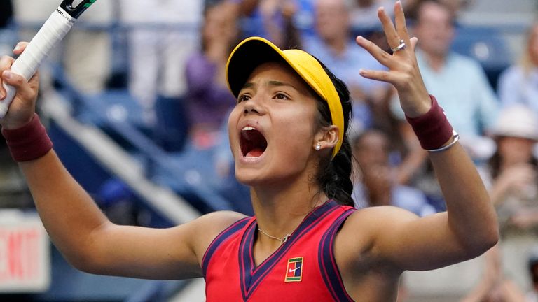 Emma Raducanu, of Britain, reacts after winning the first set against Leylah Fernandez, of Canada, during the women...s singles final of the US Open tennis championships, Saturday, Sept. 11, 2021, in New York. (AP Photo/Elise Amendola) 