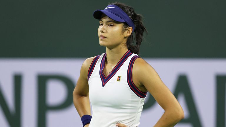 Emma Raducanu of Great Britain shows her dejection during her straight sets defeat against Aliaksandra Sasnovich of Belarus in their second round match on Day 5 of the BNP Paribas Open at the Indian Wells Tennis Garden on March 08, 2021 in Indian Wells, California. (Photo by Clive Brunskill/Getty Images)