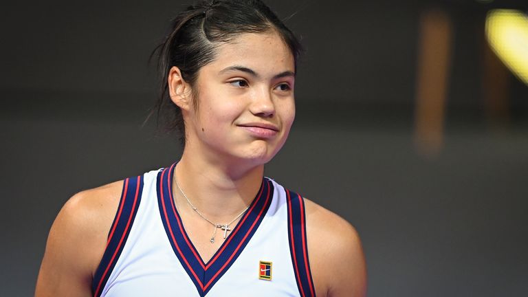 Emma Raducanu, of Britain, celebrates after defeating Polona Hercog of Slovenia at the Transylvania Open WTA tournament in Cluj, Romania, Tuesday, Oct. 26, 2021. (AP Photo/Raed Krishan)