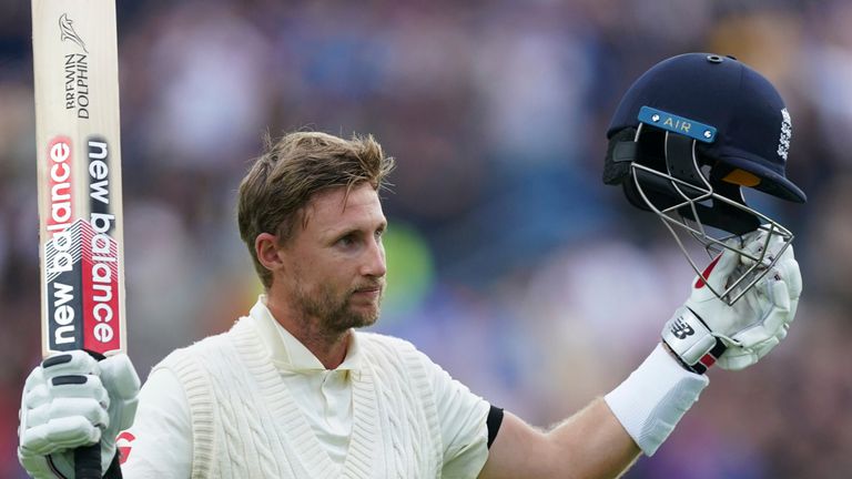 England captain Joe Root raises his bat against India at Headingley (Associated Press)