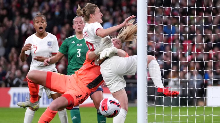Goalkeeper Jacqui Burns and striker Ellen White collide as England face Northern Ireland at Wembley
