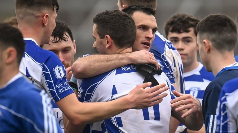 23 October 2021; Eoin Doyle and Eamonn Callaghan of Naas embrace after their side's victory in the Kildare County Senior Club Football Championship Semi-Final match between Naas and Maynooth at St Conleth's Park in Newbridge, Kildare. Photo by Harry Murphy/Sportsfile