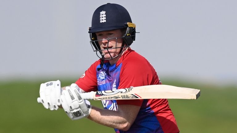 England captain Eoin Morgan in action during Wednesday's warm-up game between England and New Zealand