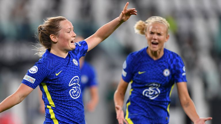 Erin Cuthbert celebrates with Pernille Harder after scoring Chelsea Women's first goal vs Juventus