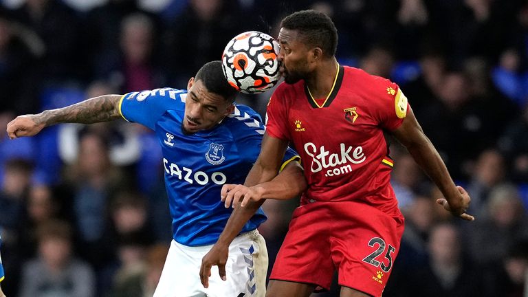 Allan goes up for a header during the defeat to Watford