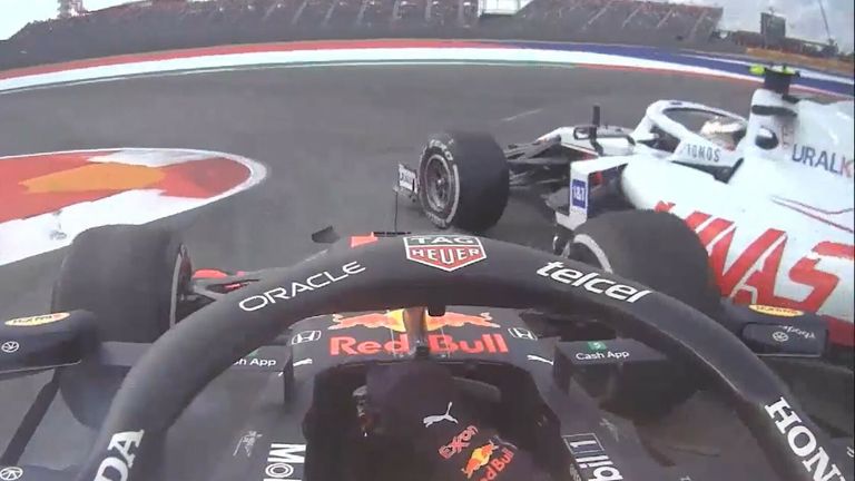 Contact between Perez and Mick Schumacher into Turn 12! Sergio Perez tried a move down the inside of the Haas, who seemingly did not see him