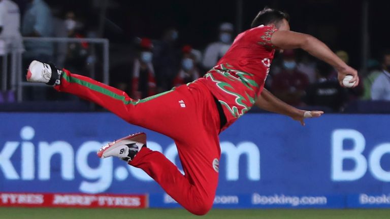 Fayyaz Butt takes a fine catch against Bangladesh for Oman at the T20 World Cup