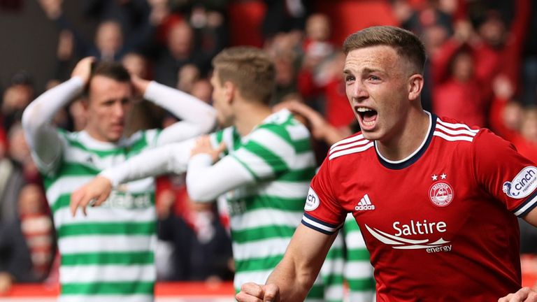 Lewis Ferguson celebrates drawing Aberdeen level against Celtic