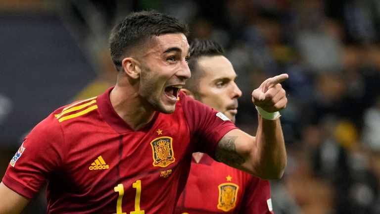Ferran Torres celebrates during Spain's win over Italy