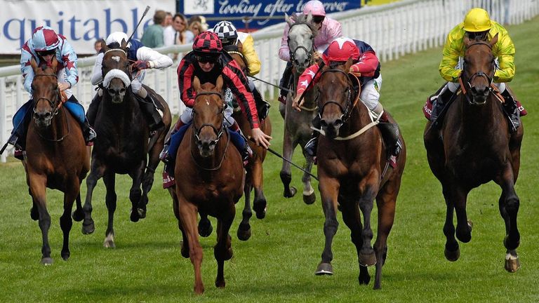 Ffrench, second right, wins the Glorious Stakes at Goodwood on board Crosspeace